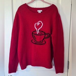cupcakes & cashmere Red Cozy Sweater Coffee Cup with Heart Steam Sz XL